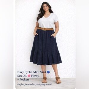 Time and Tru Dark Blue Eyelet Midi Skirt